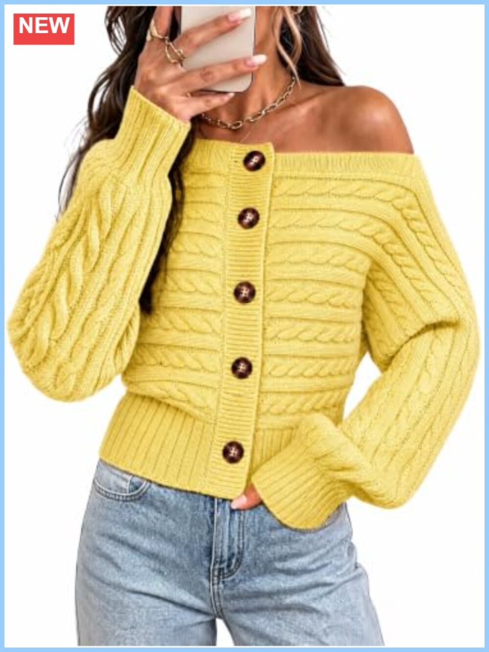Off Shoulder Cable Knit Cardigan Button Long Sleeve Crop Sweater